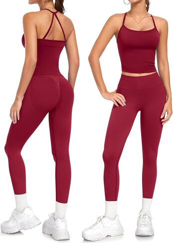 2 Piece Workout Sets for Women Halter Neck Cross Back Tank Top Macthing High Waist Leggings Sets Gym Outfits in Saudi Arabia