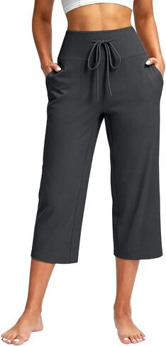 Capri Pants for Women Elastic High Waisted Drawstring Wide Leg Cropped Pant Straight Workout Sweatpants with Pockets in Kuwait