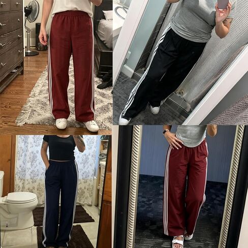 Petite Pants for Women Wide Leg Side Stripe Track Pants Elastic Waist Lounge Trousers with Pocket Y2k Vintage Pant in Kuwait