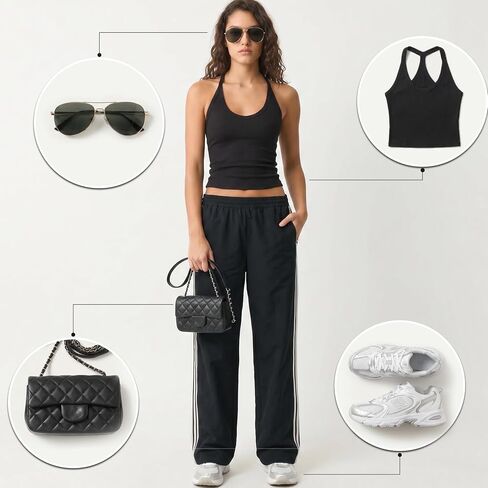 Petite Pants for Women Wide Leg Side Stripe Track Pants Elastic Waist Lounge Trousers with Pocket Y2k Vintage Pant in Kuwait