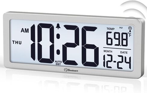 Soobest 8.5" Atomic Digital Wall Clock, Never Needs Setting, Auto Time Sync, Accurate & Easy to Use Clock with Backlight, Battery Operated, Temperature, Date, Auto DST, 4 Time Zones(Silver) in Saudi Arabia