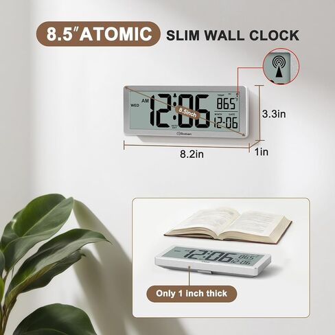 Soobest 8.5" Atomic Digital Wall Clock, Never Needs Setting, Auto Time Sync, Accurate & Easy to Use Clock with Backlight, Battery Operated, Temperature, Date, Auto DST, 4 Time Zones(Silver) in Saudi Arabia