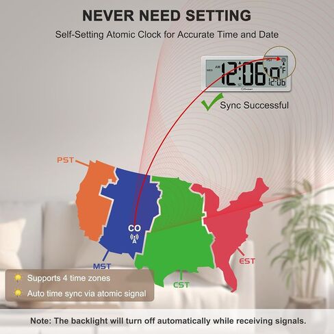 Soobest 8.5" Atomic Digital Wall Clock, Never Needs Setting, Auto Time Sync, Accurate & Easy to Use Clock with Backlight, Battery Operated, Temperature, Date, Auto DST, 4 Time Zones(Silver) in Saudi Arabia