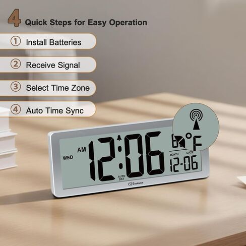 Soobest 8.5" Atomic Digital Wall Clock, Never Needs Setting, Auto Time Sync, Accurate & Easy to Use Clock with Backlight, Battery Operated, Temperature, Date, Auto DST, 4 Time Zones(Silver) in Saudi Arabia