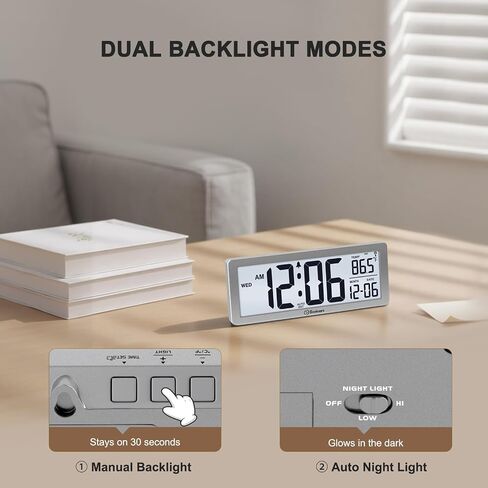 Soobest 8.5" Atomic Digital Wall Clock, Never Needs Setting, Auto Time Sync, Accurate & Easy to Use Clock with Backlight, Battery Operated, Temperature, Date, Auto DST, 4 Time Zones(Silver) in Saudi Arabia
