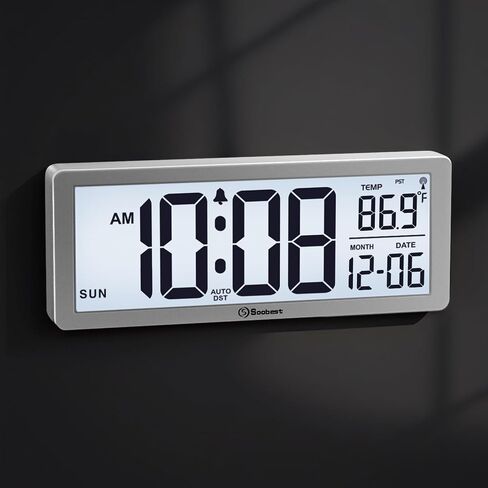 Soobest 8.5" Atomic Digital Wall Clock, Never Needs Setting, Auto Time Sync, Accurate & Easy to Use Clock with Backlight, Battery Operated, Temperature, Date, Auto DST, 4 Time Zones(Silver) in Saudi Arabia