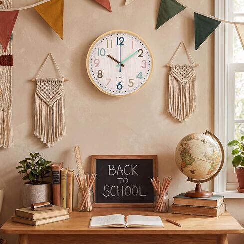 Qunclay Boho Classroom Wall Clock Colorful Fun 8 Inch Silent Non-Ticking Battery Operated Clock for Back to School Office Bedroom Living Room Playroom Nursery Kitchen Brown Bamboo Grain in Kuwait