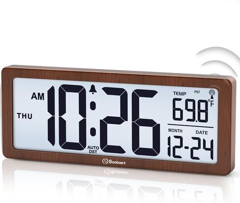 Soobest 8.5" Atomic Digital Wall Clock, Never Needs Setting, Auto Time Sync, Accurate & Easy to Use Clock with Backlight, Battery Operated, Temperature, Date, Auto DST, 4 Time Zones(Silver) in Saudi Arabia