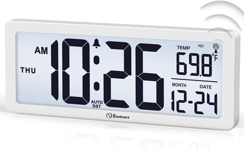 Soobest 8.5" Atomic Digital Wall Clock, Never Needs Setting, Auto Time Sync, Accurate & Easy to Use Clock with Backlight, Battery Operated, Temperature, Date, Auto DST, 4 Time Zones(Silver) in Saudi Arabia