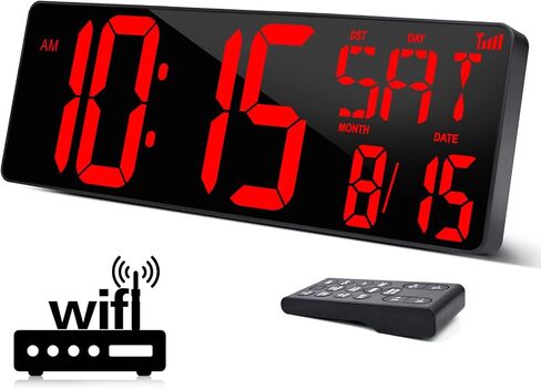 XREXS Large Digital Wall Clock WiFi Sync, 16.5 in Large Display Wall Clock with Temperature/Date/Week, LED Big Digital Timer Clock with Remote Control, Alarm Clock for Home and Office, Auto-dimming in Saudi Arabia