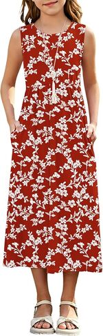 Girls Summer Sleeveless Long Sundress Casual Cute Crewneck Loose Empire Waist Dresses with Pockets 2026 New in Kuwait