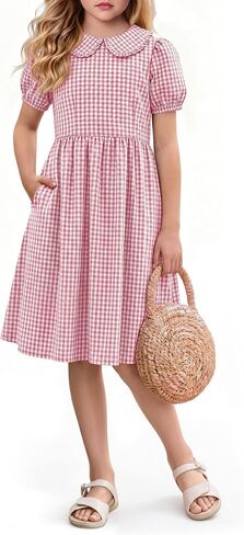 Xaatren Girls Gingham Dress Puff Sleeve Rounded Collar Plaid Dress Summer 5-14 Years in Kuwait