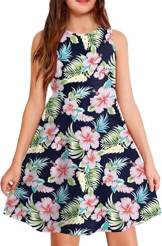 Girls Summer Hawaiian Dresses Kids Floral Tropical Dress Beach Vacation Outfits Casual Sleeveless Sundress 5-14y in Kuwait