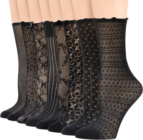 8 Pcs Ruffle Lace Socks Mesh Socks for Women Black Breathable Lightweight for Daily Wear Date Office in Kuwait