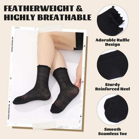 8 Pcs Ruffle Lace Socks Mesh Socks for Women Black Breathable Lightweight for Daily Wear Date Office in Kuwait
