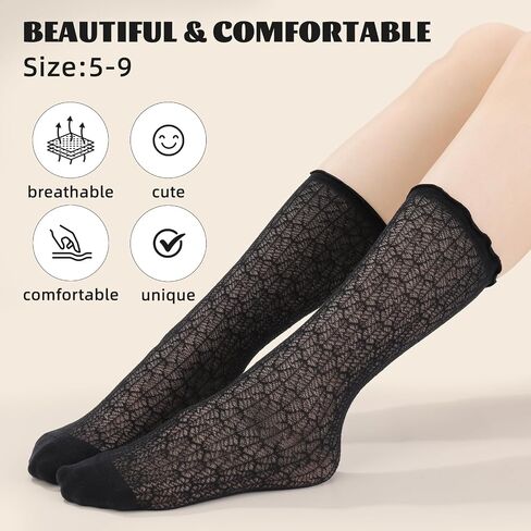 8 Pcs Ruffle Lace Socks Mesh Socks for Women Black Breathable Lightweight for Daily Wear Date Office in Kuwait