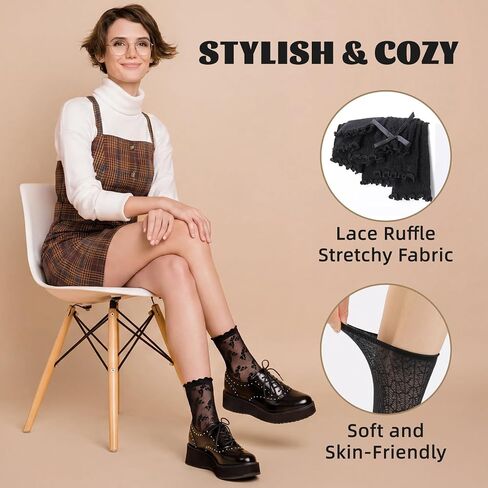 8 Pcs Ruffle Lace Socks Mesh Socks for Women Black Breathable Lightweight for Daily Wear Date Office in Kuwait