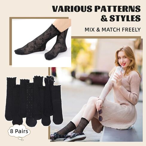8 Pcs Ruffle Lace Socks Mesh Socks for Women Black Breathable Lightweight for Daily Wear Date Office in Kuwait