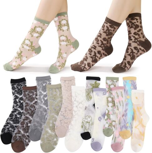 12 Pairs Women Floral Sheer Socks, Summer Cottagecore Thin See Through Socks Lace Transparent Crystal Glass Sock in Kuwait