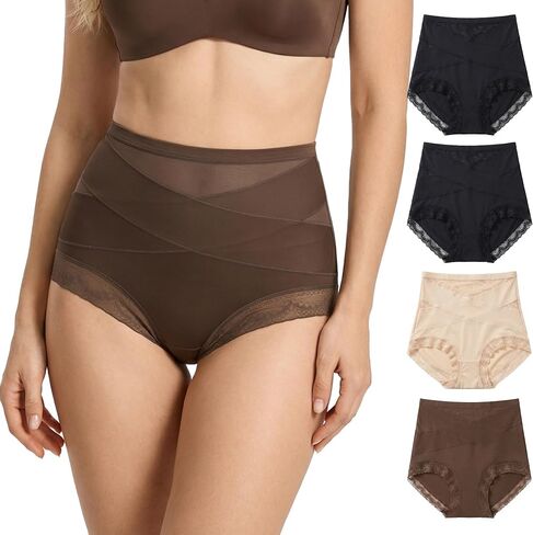 newnice Women High Waisted Underwear: Tummy Control Lace Briefs Full Coverage Breathable Panties for Postpartum 4-Pack in Saudi Arabia