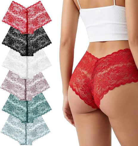 6 Pcs Women's Shorts V Waist Cheeky Sexy Lace Underwear Breathable Rise Cheeky Panties Boyshorts Panty for Wife Women Multicolor in Saudi Arabia