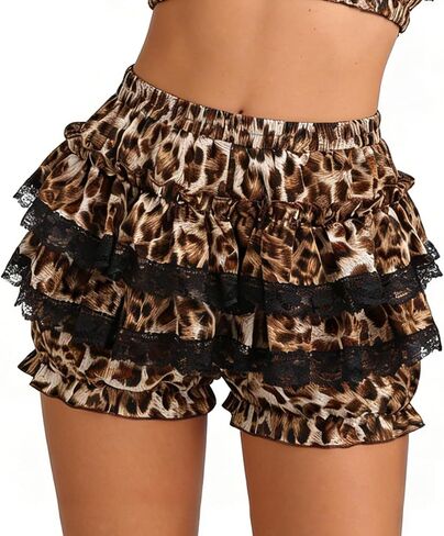 Women's Cheetah Print Ruffle Shorts Layered Leopard Lolita Lace Bloomers Shorts in Saudi Arabia