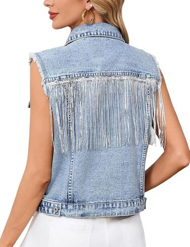 YEXPINE Womens Fringe Denim Vest Sleeveless Jean Vest Jacket with Frayed Trim Button Down Western Denim Waistcoat in Kuwait