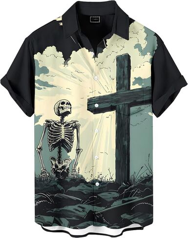 Men's Funny Skull Print Hawaiian Shirt, Funny Graphic Short Sleeve Button Down Tropical Beach Vacation Shirt in Saudi Arabia