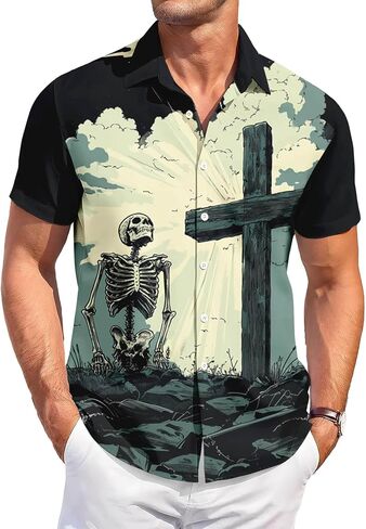 Men's Funny Skull Print Hawaiian Shirt, Funny Graphic Short Sleeve Button Down Tropical Beach Vacation Shirt in Saudi Arabia