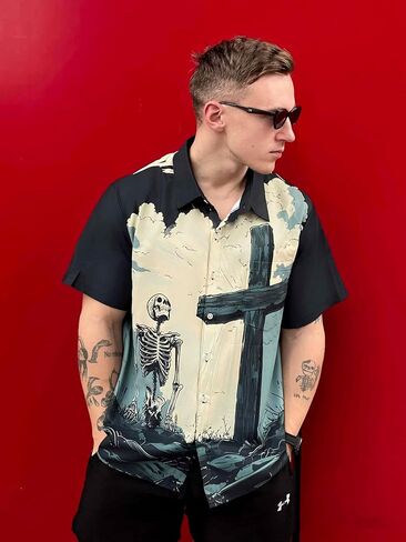 Men's Funny Skull Print Hawaiian Shirt, Funny Graphic Short Sleeve Button Down Tropical Beach Vacation Shirt in Saudi Arabia
