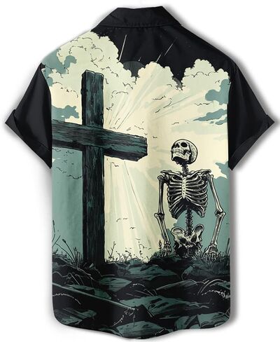Men's Funny Skull Print Hawaiian Shirt, Funny Graphic Short Sleeve Button Down Tropical Beach Vacation Shirt in Saudi Arabia