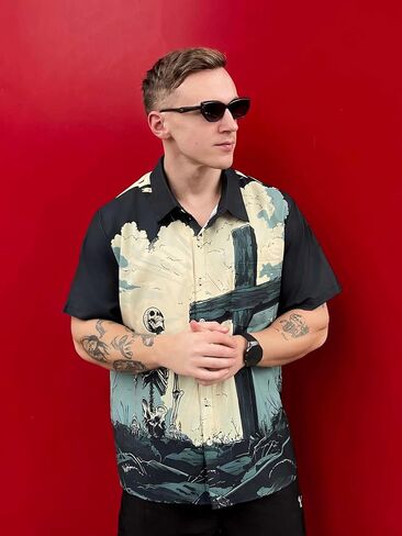 Men's Funny Skull Print Hawaiian Shirt, Funny Graphic Short Sleeve Button Down Tropical Beach Vacation Shirt in Saudi Arabia