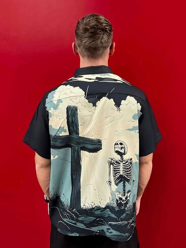 Men's Funny Skull Print Hawaiian Shirt, Funny Graphic Short Sleeve Button Down Tropical Beach Vacation Shirt in Saudi Arabia