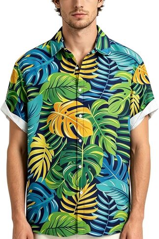 Hawaiian Shirt for Men, Short Sleeve Button Down Shirts Summer Beach Vacation Tropical Guitar Pattern Casual Tops in Kuwait