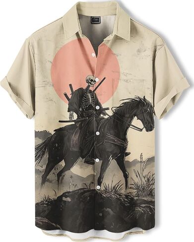 Men's Funny Skull Print Hawaiian Shirt, Funny Graphic Short Sleeve Button Down Tropical Beach Vacation Shirt in Saudi Arabia