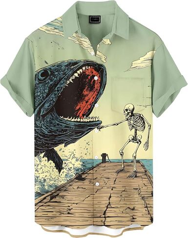 Men's Funny Skull Print Hawaiian Shirt, Funny Graphic Short Sleeve Button Down Tropical Beach Vacation Shirt in Saudi Arabia