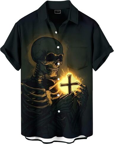 Men's Funny Skull Print Hawaiian Shirt, Funny Graphic Short Sleeve Button Down Tropical Beach Vacation Shirt in Saudi Arabia