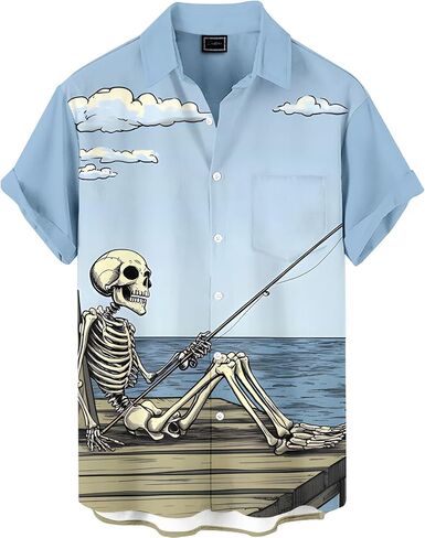 Men's Funny Skull Print Hawaiian Shirt, Funny Graphic Short Sleeve Button Down Tropical Beach Vacation Shirt in Saudi Arabia