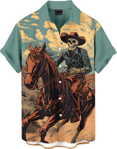 Men's Funny Skull Print Hawaiian Shirt, Funny Graphic Short Sleeve Button Down Tropical Beach Vacation Shirt in Saudi Arabia