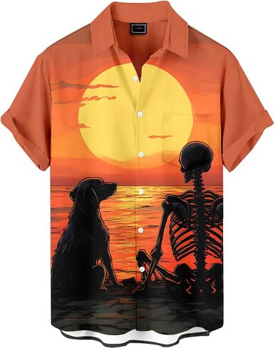 Men's Funny Skull Print Hawaiian Shirt, Funny Graphic Short Sleeve Button Down Tropical Beach Vacation Shirt in Saudi Arabia