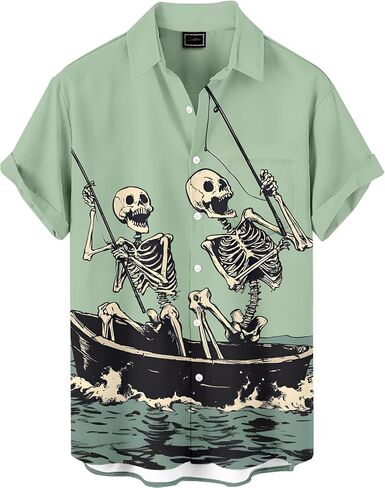 Men's Funny Skull Print Hawaiian Shirt, Funny Graphic Short Sleeve Button Down Tropical Beach Vacation Shirt in Saudi Arabia