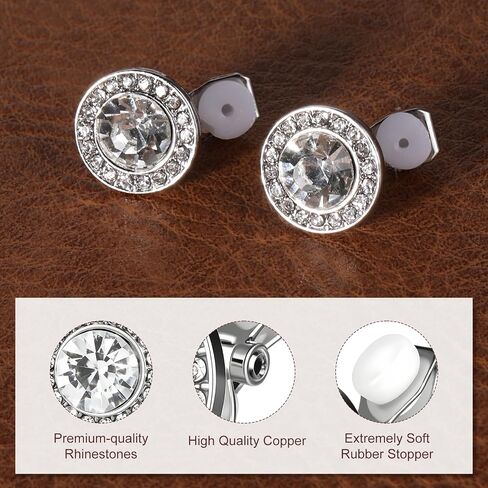4 Pairs Dance Competition Earrings for Women Clip on, Crystal Rhinestone Clip on Stud Halo Earrings, Silver Round Non Pierced Ear Clips for Opera Performance Stage Wedding Party Jewelry in Kuwait