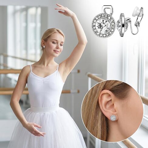 4 Pairs Dance Competition Earrings for Women Clip on, Crystal Rhinestone Clip on Stud Halo Earrings, Silver Round Non Pierced Ear Clips for Opera Performance Stage Wedding Party Jewelry in Kuwait