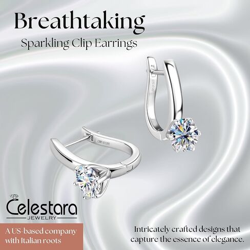 Celestara 925 Sterling Silver U-Shaped Clip-On Earrings - 1.0 Carat Brilliant Cut Moissanite Gemstone - Hypoallergenic European Minimalist Cuff Jewelry For Women With Non-Pierced Ears - Gift Box in Saudi Arabia