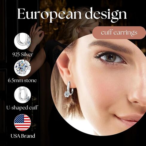 Celestara 925 Sterling Silver U-Shaped Clip-On Earrings - 1.0 Carat Brilliant Cut Moissanite Gemstone - Hypoallergenic European Minimalist Cuff Jewelry For Women With Non-Pierced Ears - Gift Box in Saudi Arabia