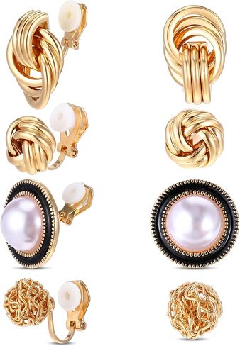 4 Pairs Gold Clip On Earrings Studs, Women's Clip-On Earrings, Non Pierced Ear Clips Fake Ear Piercing for Women in Kuwait