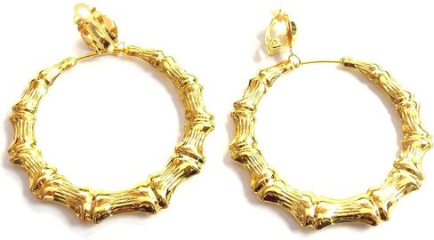 Clip-on Hoop Earrings Bamboo Gold Tone Old School 2.5 inch Hoop Earrings Non Pierced in Kuwait
