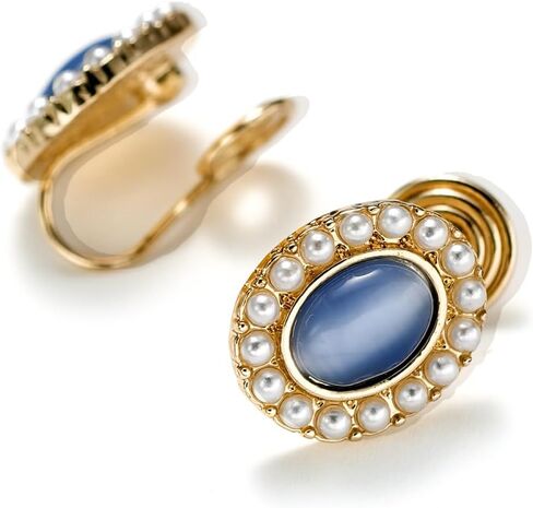 Vintage Style Pearl and Blue Stone Earrings,clip on earrings for women, Gold-Tone Frame,1920s,Oval Shape with Pearl Border in Saudi Arabia
