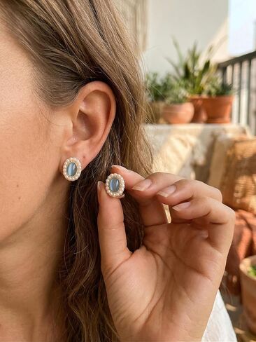 Vintage Style Pearl and Blue Stone Earrings,clip on earrings for women, Gold-Tone Frame,1920s,Oval Shape with Pearl Border in Saudi Arabia