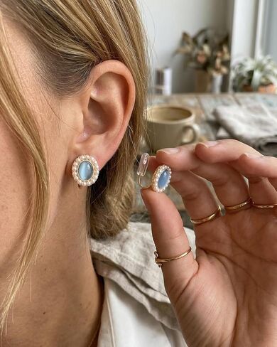 Vintage Style Pearl and Blue Stone Earrings,clip on earrings for women, Gold-Tone Frame,1920s,Oval Shape with Pearl Border in Saudi Arabia